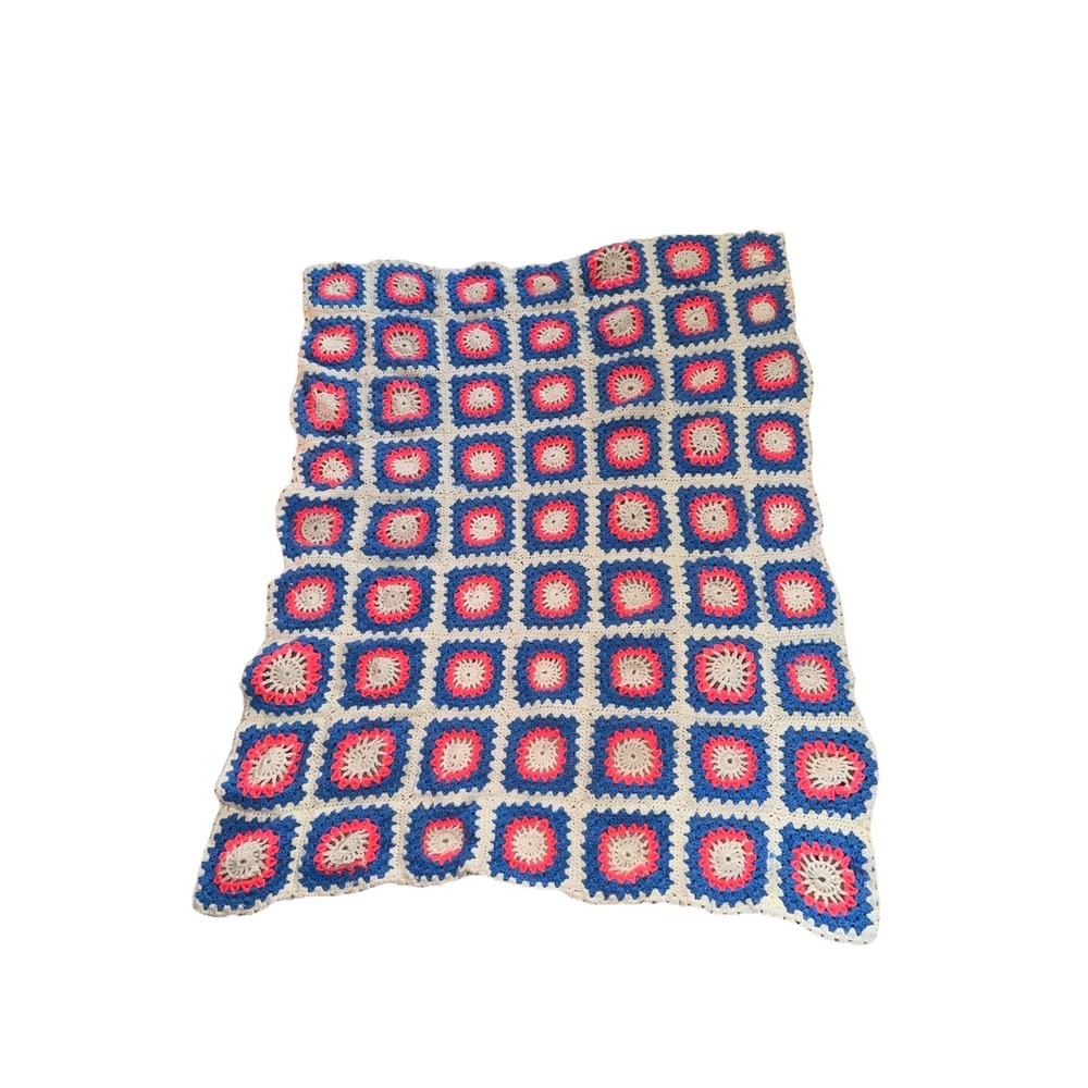 Vintage Crochet Granny Afghan Squares Blue Pink Blanket Vibrant Colors 42x56"